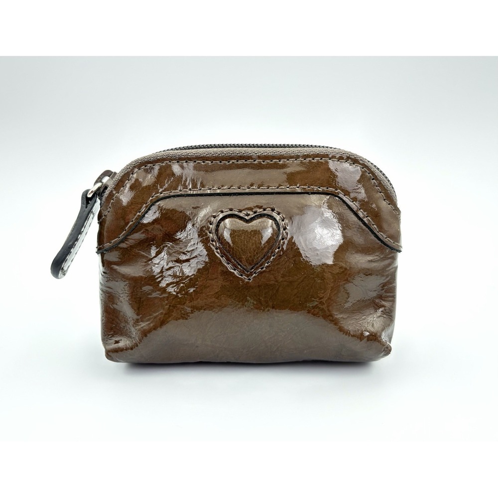 Vintage Brighton Brown Patent Leather Heart Coin Purse Y2K Zipper Pouch Wallet